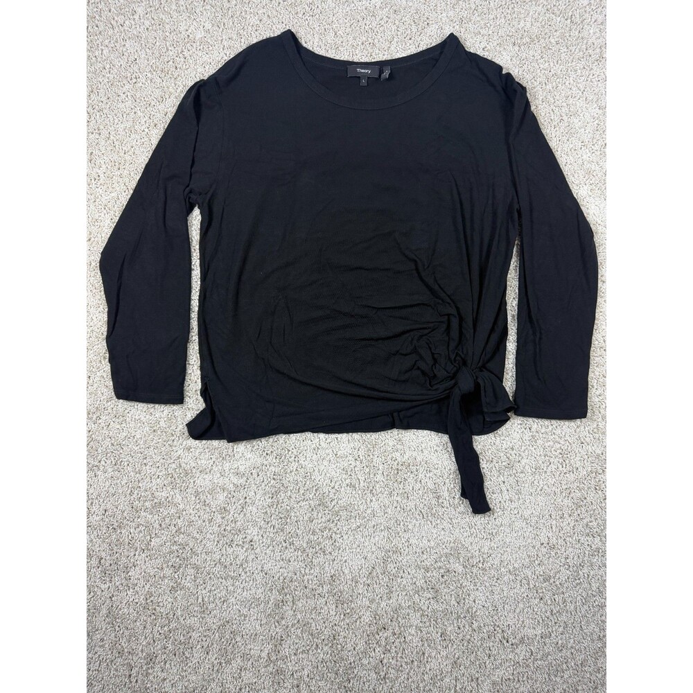 Theory Women's L Black Side Tie Long Sleeve Stretch Knit Top Viscose Blend